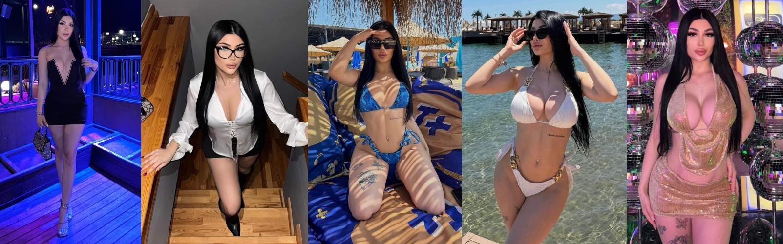 Collage of a woman with long black hair modeling five outfits at nightlife and beach settings: a blue nightclub dress, a white blouse with black shorts, a blue bikini on a beach, a white bikini by the water, and a sparkly pink mini dress by disco balls.