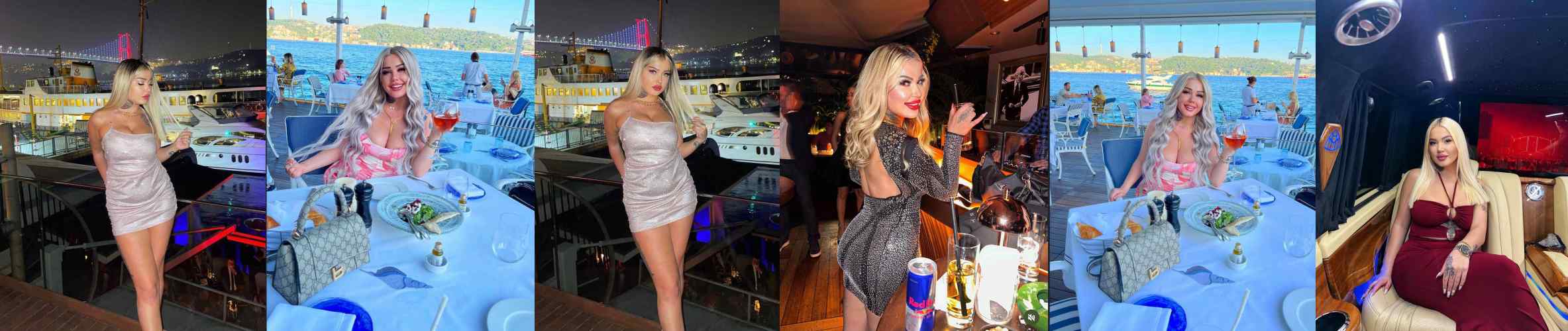 Blonde woman in a pale pink strapless mini dress stands on a yacht deck at night, city lights in the background.