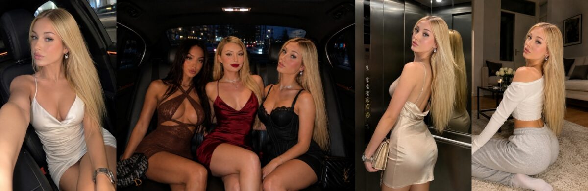 Blonde woman in a white satin slip dress takes a selfie from the back seat of a luxury car.