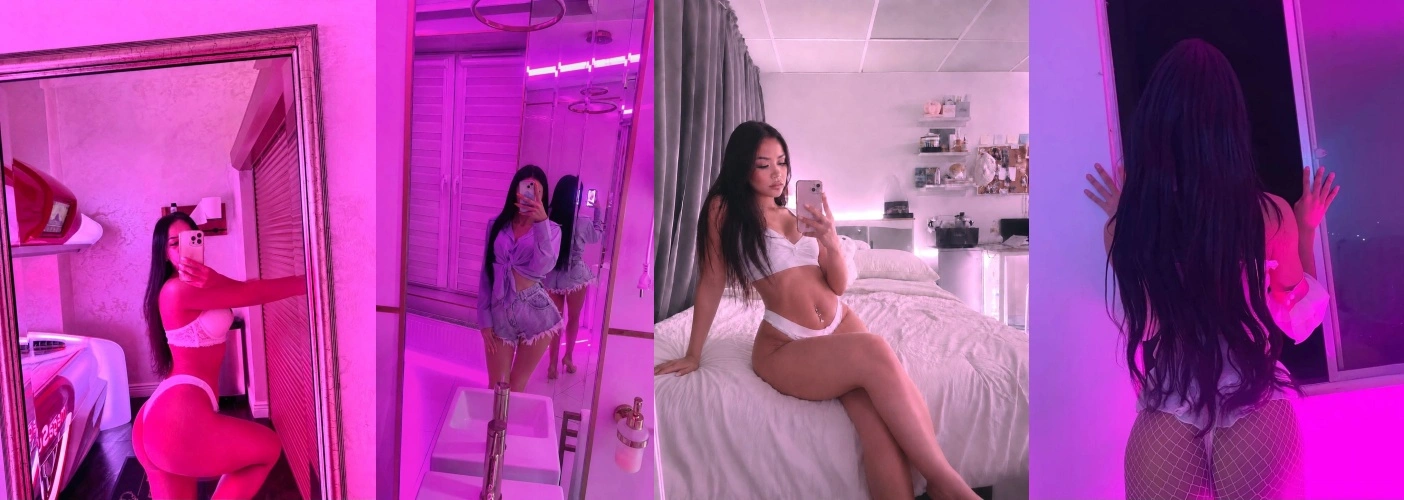 Collage of a woman posing in a pink-lit bedroom wearing lingerie and outfits in four scenes, including mirror selfies and on a bed.
