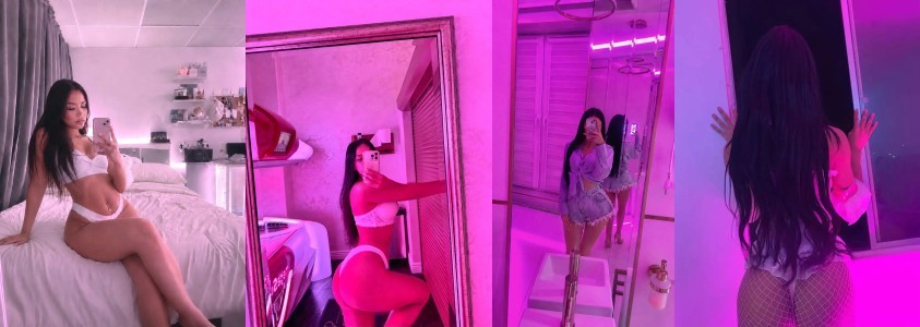 Four-panel collage of a woman in lingerie posing for selfies in pink neon-lit rooms.