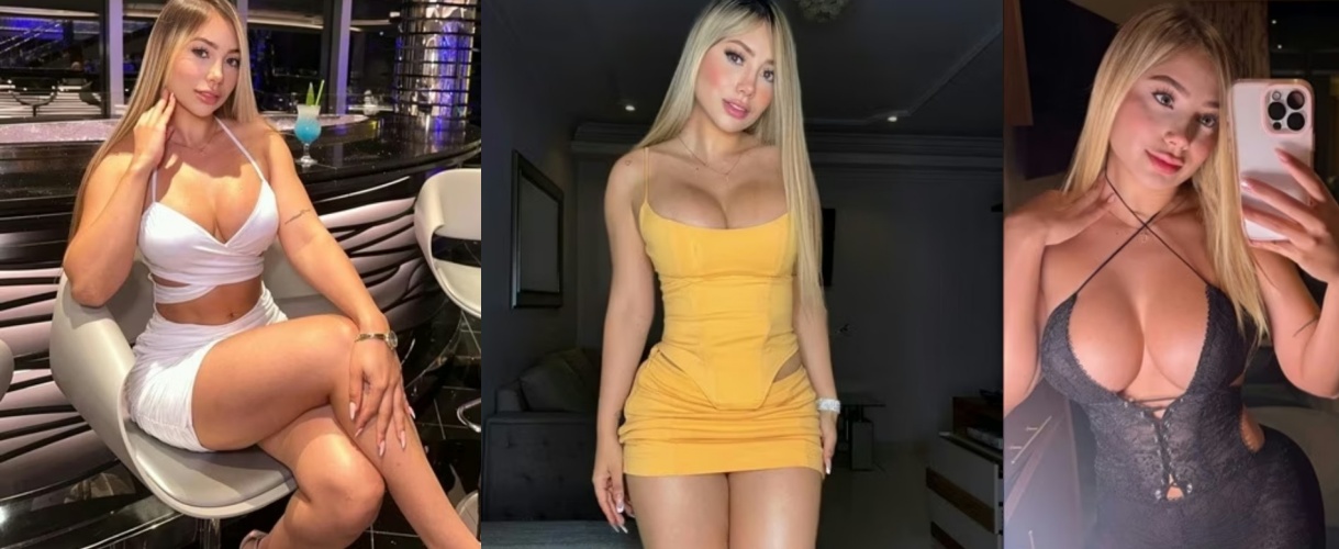 Triptych of a blonde woman in three outfits: white two‑piece set at a bar, yellow bodycon dress in a dim room, and a black strappy cutout dress taking a mirror selfie.