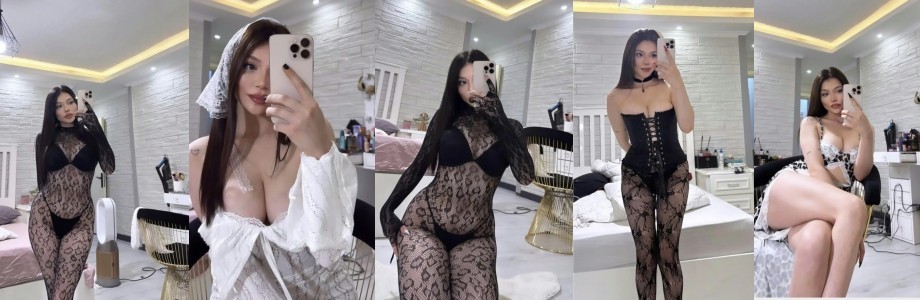 Collage of five selfies: woman in black lace lingerie posing in a bright, modern bedroom with a large mirror.