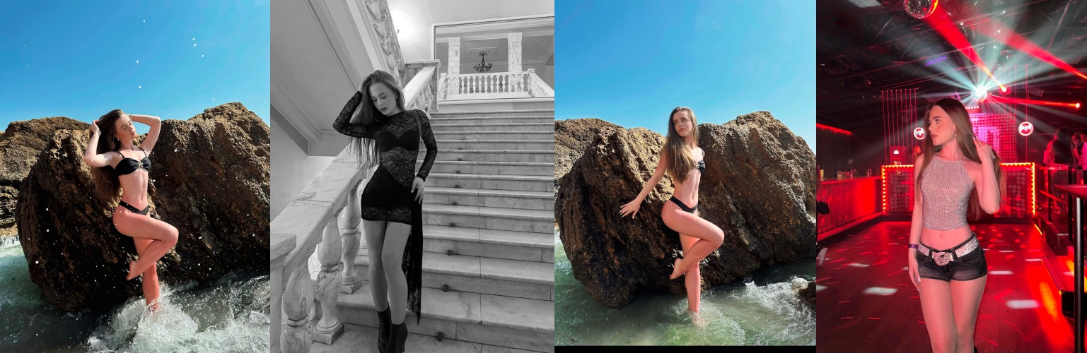 Woman in a black bikini posing on a rocky shoreline with blue sky and waves behind her