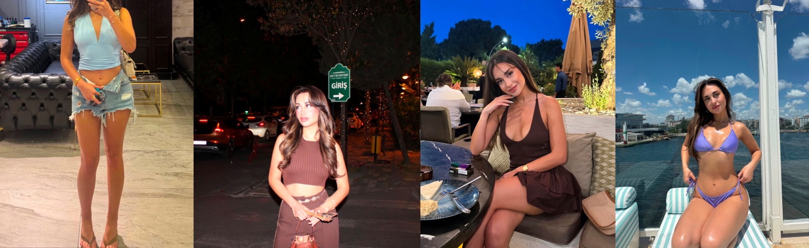 Collage of four photos showing a woman in different outfits at various locations (indoor denim shorts, night street crop top, outdoor dining brown dress, boat in bikini).