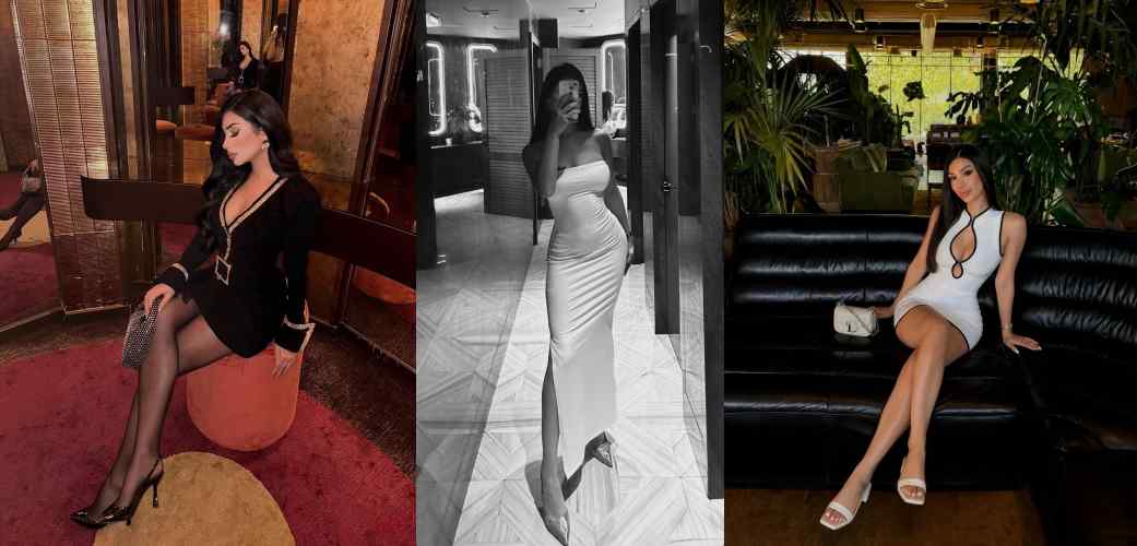 Triptych fashion shoot: a woman modeling three outfits—black mini dress in a lounge, white bodycon gown, and white cutout mini dress on a sofa.