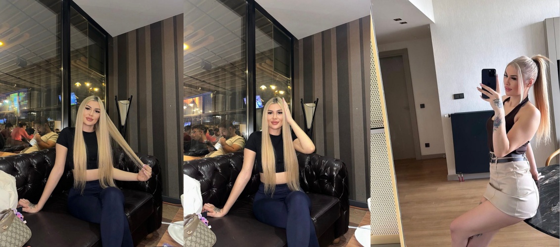 Triptych of a woman with long blonde hair posing on a black leather couch in a modern lounge; left and center show seated poses, right shows a mirror selfie in a beige mini skirt.