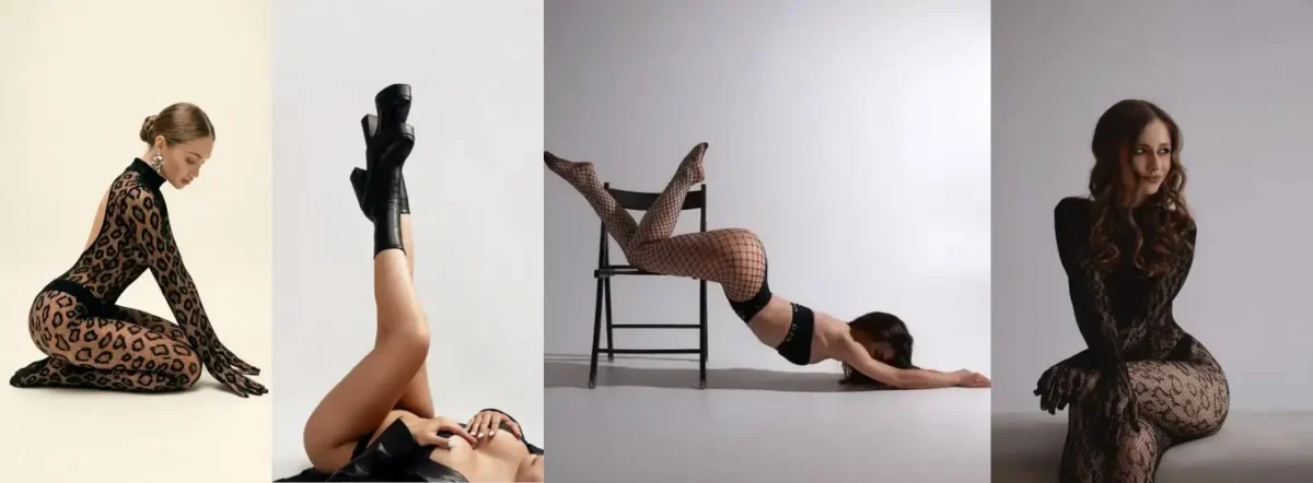 Collage of four women modeling lingerie and hosiery in studio poses against light backgrounds.