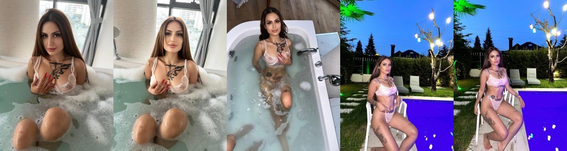 Collage of five photos: two shots of a woman in light pink lace lingerie in a bubbly bathtub, then three shots of her by a backyard pool at dusk in matching lingerie with string lights overhead.