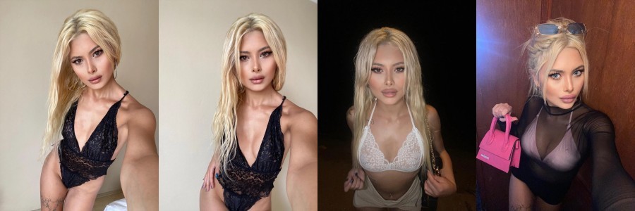Blonde woman wearing a black lace bralette, posing in a selfie-style photo (first panel)