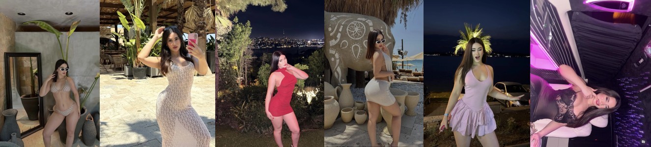 Six-photo collage of a woman modeling outfits in resort and nightlife settings: bikini, beige crochet dress, red mini dress, white mini dress by a sculpture, lavender skirt outfit, and a neon-lit club scene