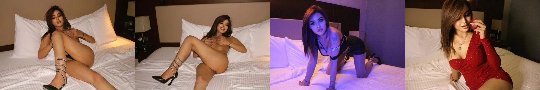 Collage of four photos showing a woman posing on a bed in a hotel room: two nude from the waist down with heels, one kneeling on the bed in purple lighting, and one lying on the bed in a red dress, all in lingerie or minimal clothing.