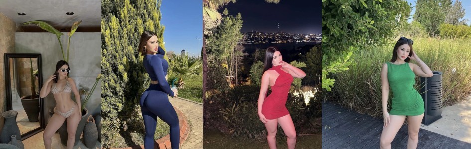 A four-photo collage of a woman posing in different outfits: beige bikini indoors, blue athleticwear outdoors, red dress at night, and green dress outdoors.