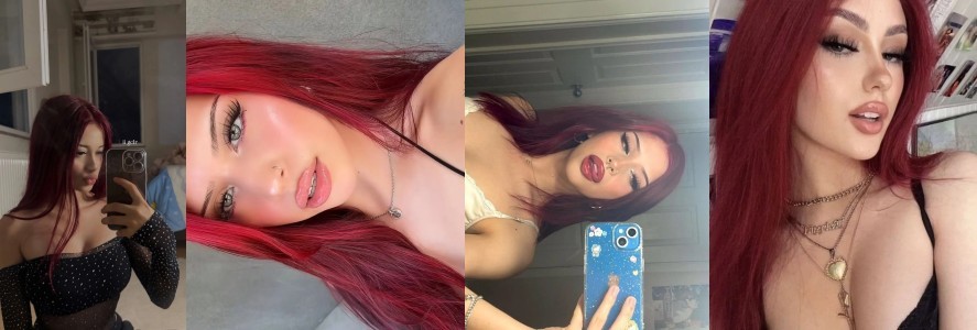 Collage of a woman with long red hair taking mirror selfies in four panels, wearing different outfits and posing for the camera.