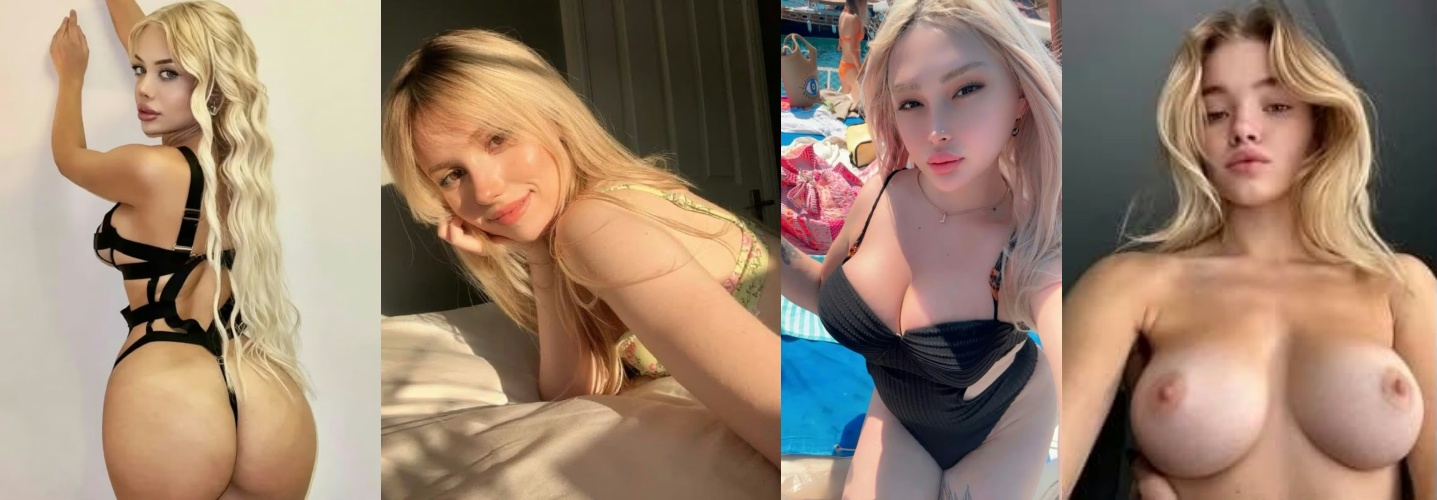 Collage of four women posing in bikinis and swimwear in different settings.