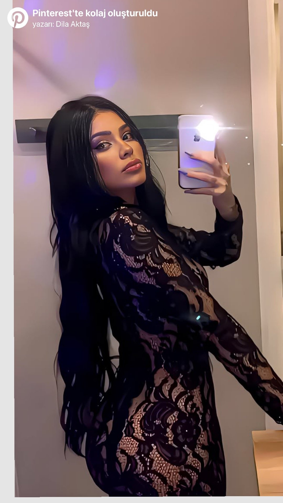 Woman with long black hair taking a mirror selfie in a black lace dress, makeup enhanced with purple tones.