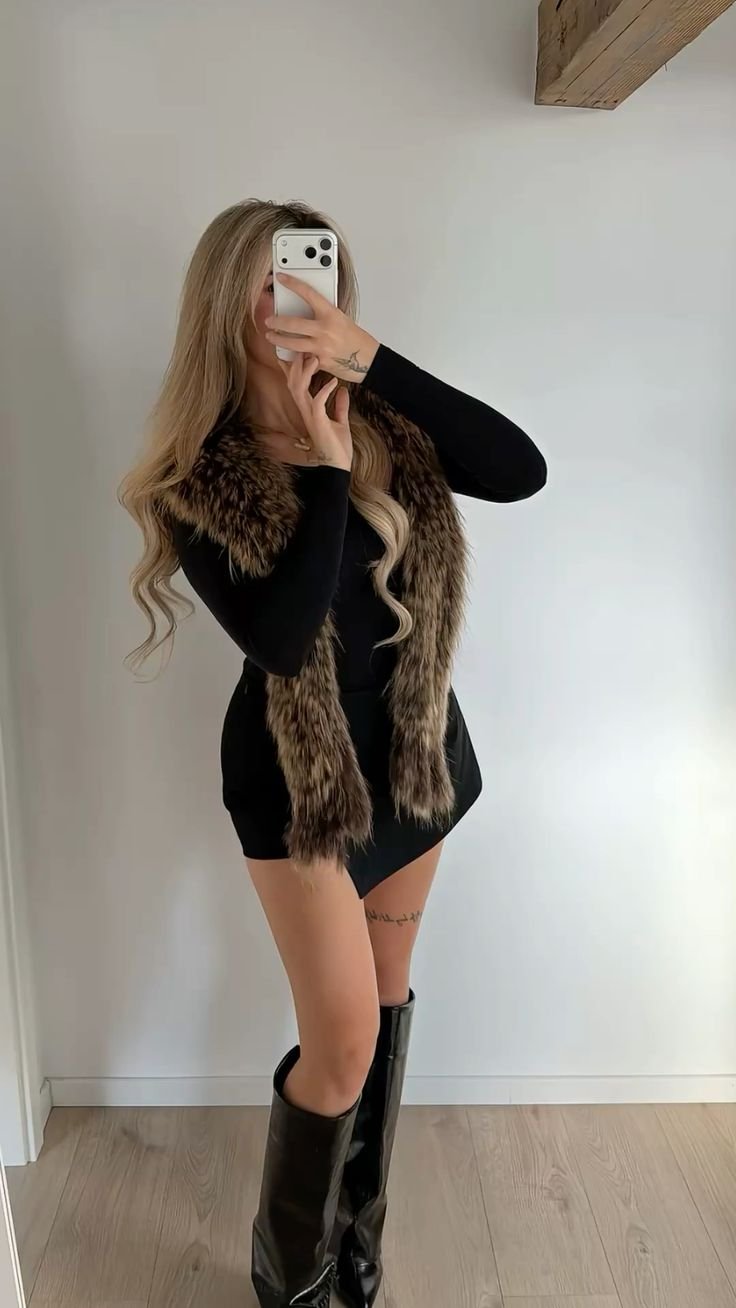 Person taking a mirror selfie in a black outfit with a brown fur vest and tall black boots, blonde hair visible in mirrorshade.