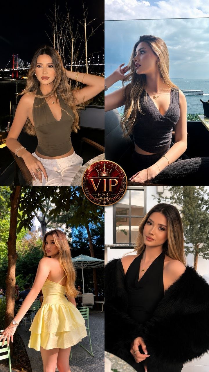 Collage of four women posing in stylish outfits: top-left in olive green sleeveless top at night with a city lights backdrop; top-right in gray sleeveless top by a seaside view; bottom-left in a yellow dress outdoors with trees and tables; bottom-right in a black outfit with a fur coat indoors, with a VIP ESC emblem centered over the collage.