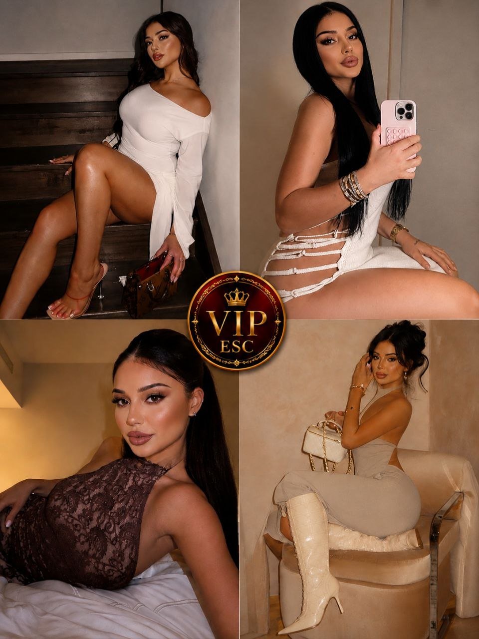 Collage of four glamorous women posing in stylish outfits for a VIP ESC promo, with a central VIP ESC emblem in gold.