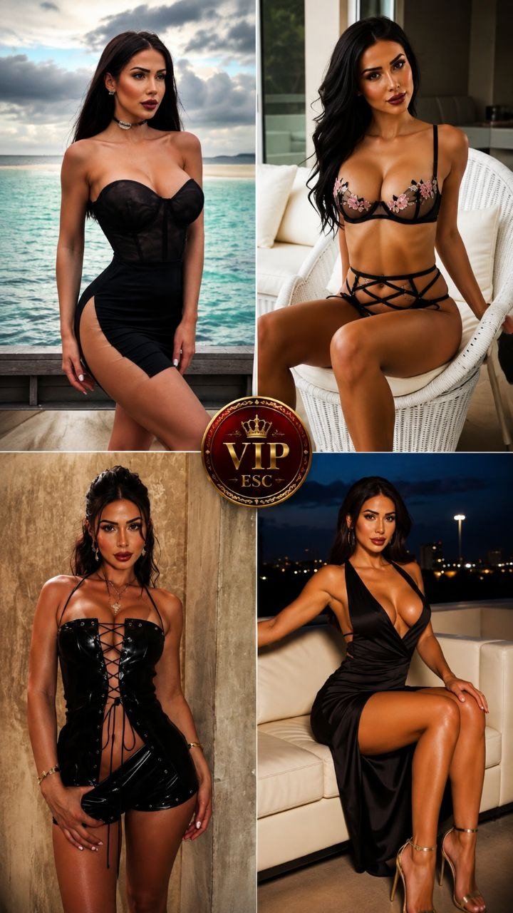 Collage of four women in black lingerie posing in upscale settings, with a VIP ESC emblem in the center.