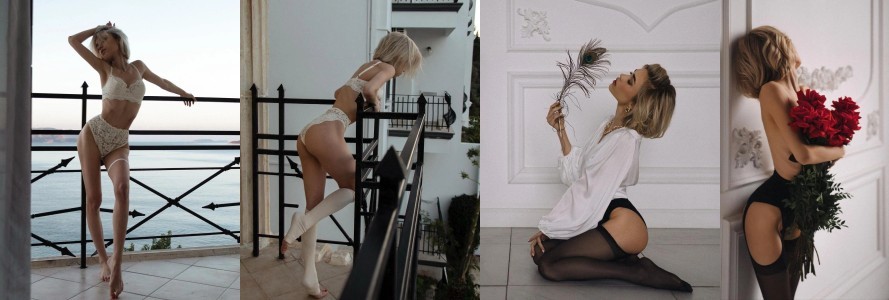 Four-panel collage: a blonde woman in white lingerie poses in various settings—a seaside balcony, a stairwell, kneeling with a peacock feather, and standing with a bouquet of red roses.