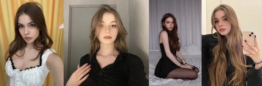Collage of four portraits of a young woman with long light-brown hair posing in different outfits.