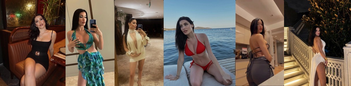 A collage of seven photos showing a woman posing in different outfits: black one-piece in a lounge, green bikini with a wrap, cream mini dress, red bikini on a boat dock, backless gray dress in a kitchen, and a white gown on a lit staircase at night.
