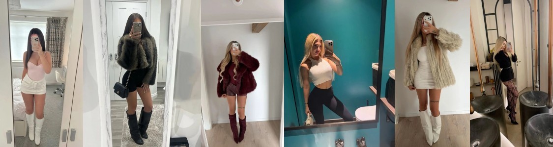 Mirror selfie in a bedroom: woman wearing a pink tank top, white shorts, and knee-high white boots.
