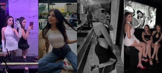 Collage of four women posing for selfies in different outfits across distinct settings (purple-lit mirror shot, outdoor casual pose, black-and-white backless dress selfie, and three-woman lounge scene).