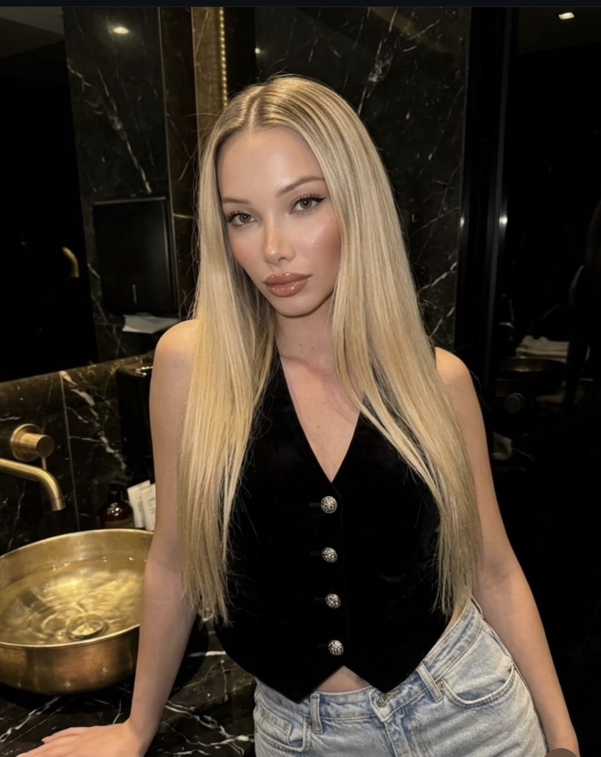 Woman with long straight blonde hair wearing a black sleeveless top and light-wash jeans, posing in a marble bathroom with brass fixtures.