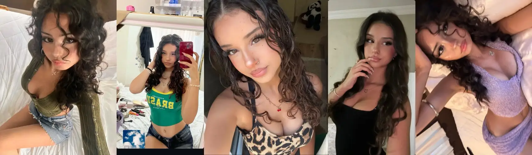 Collage of five selfies of a young woman with long dark curly hair wearing different outfits, posing on a bed in each shot.