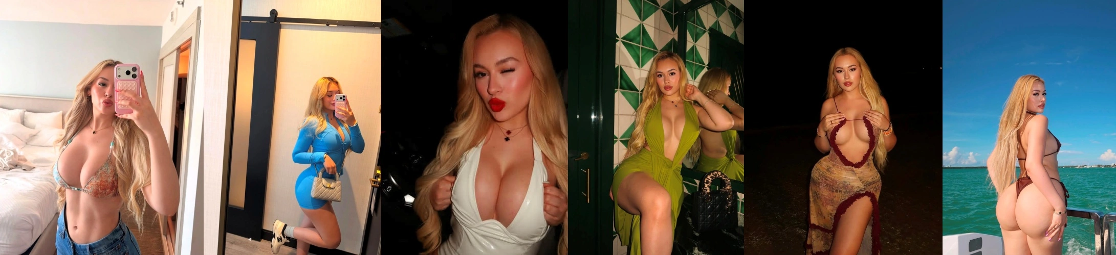Collage of a blonde woman posing in various outfits and locations, including swimwear, a blue dress, white top, green dress, and a beach scene.