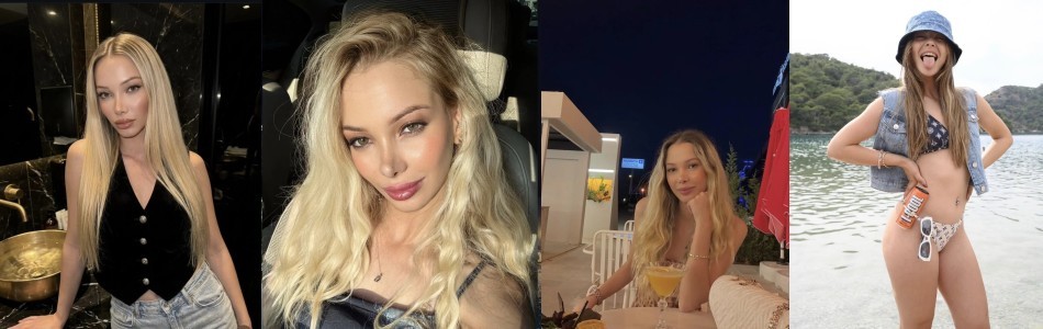 Collage of four photos featuring a blonde woman in different outfits: indoors in a black top, a close-up selfie, poolside with a cocktail, and beachwear.