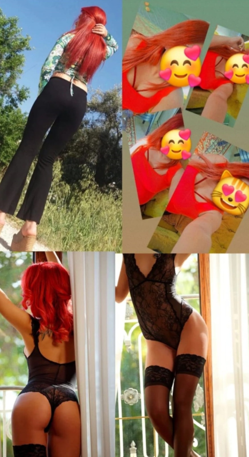 Collage of a red-haired woman in different outfits: outdoor scene with black pants and a patterned top, plus several selfies with emoji overlays in red top, then indoors in black lace lingerie posing by windows.