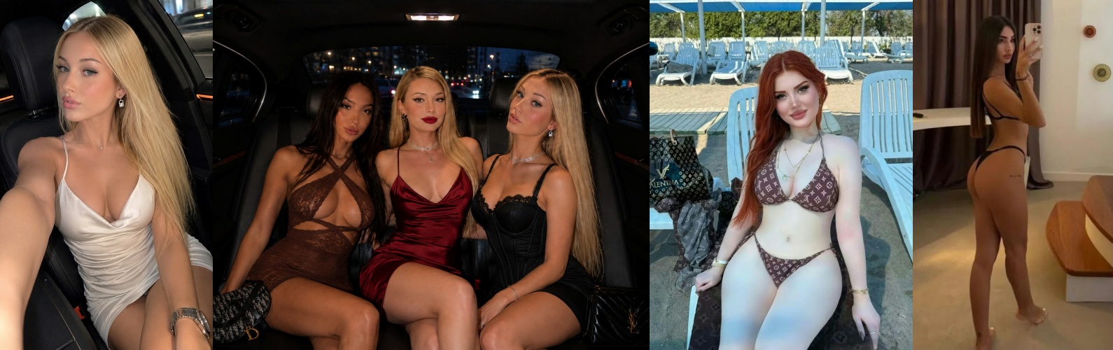 Collage of four women posing in different settings: in a car wearing a white dress, three women in a car in party outfits, a bikini-clad woman at a poolside, and a woman taking a mirror selfie in a bikini.