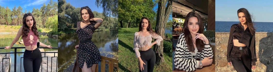 Young woman with long dark hair in a red patterned crop top and black high-waisted pants stands by a railing overlooking a pond in a park.