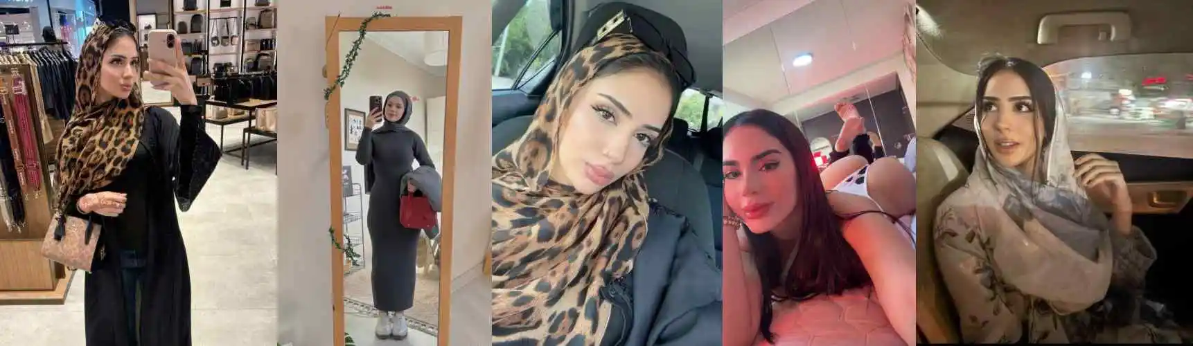 Woman in a leopard-print hijab and black abaya posing in a clothing store, holding a pink bag and taking a selfie in the mirror.